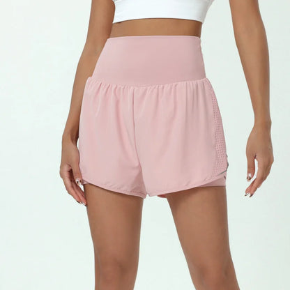 Women High Waist 2 In 1 Running Shorts Solid Color Breathable Quick Dry Pocket Fitness Shorts Female Gym Sportswear Clothes